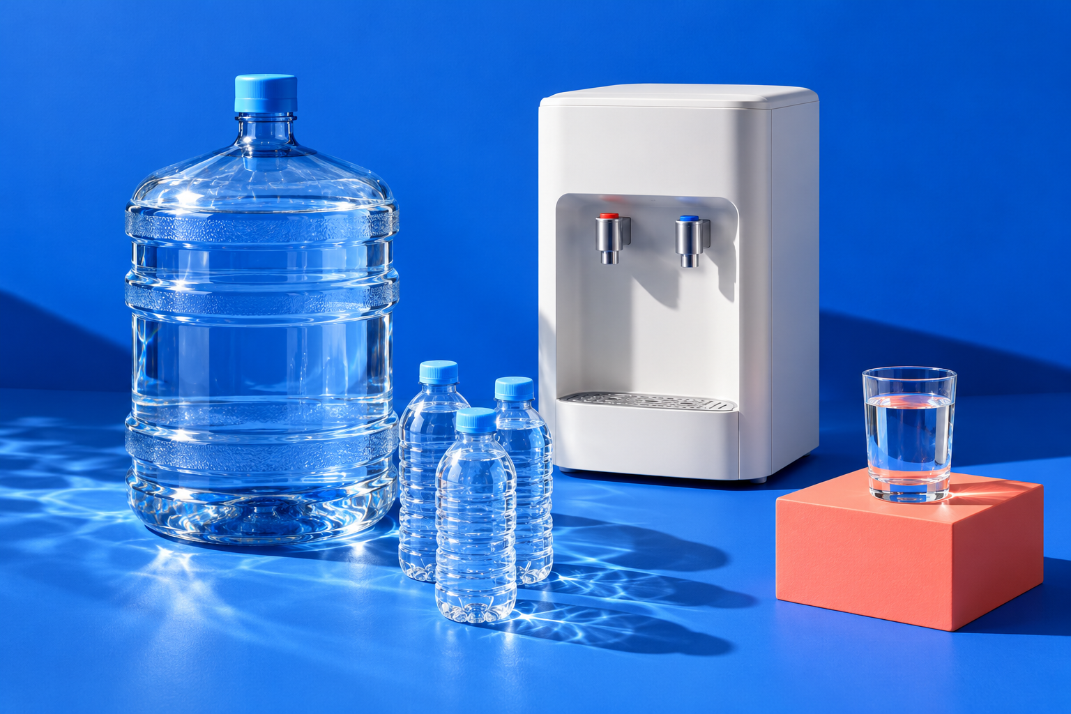 Illustrative water jug, connected cooler, small bottles and drinking glass in a colorful studio arrangement